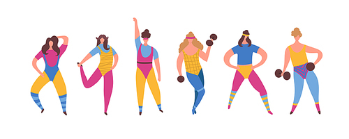 Set of 80s years woman girl in aerobics outfit doing workout shaping with dumbbells in hand isolated on white . Trendy 80-s years retro sport clothing. Vector illustration in cartoon style