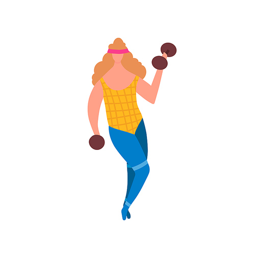 80s years woman girl in aerobics outfit doing workout shaping with dumbbells in hand isolated on white . Trendy 80-s years retro sport clothing. Vector illustration in cartoon style
