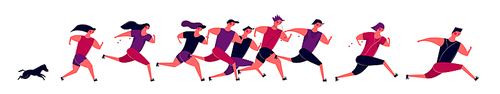 Running people group in motion. Jogging men women and dog training outdoor. Runners prepare for sport competition marathon health running in morning. Vector illustration in cartoon style