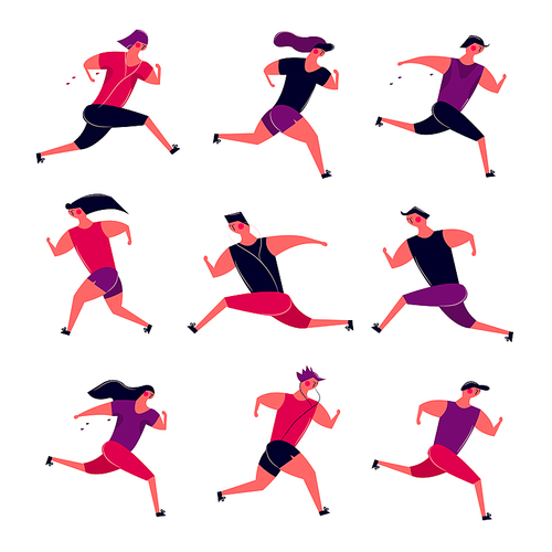 Running people group in motion. Jogging men women training outdoor. Runners prepare for sport competition marathon health running in morning. Vector illustration in cartoon style
