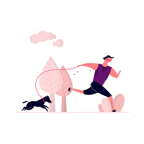 Man running with dog on street in park outdoor. Sweaty man walking with doggie on leash in morning. Jogging man training outdoor with house pet health running. Vector illustration in cartoon style