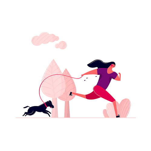 Woman running with dog on street in park outdoor. Sweaty woman walking with doggie on leash in morning. Jogging woman training outdoor with house pet health running. Vector illustration in cartoon style