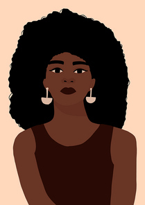 Modern young african american black woman portrait. Fashion minimal trendy female face with dark skin. Trendy minimal poster . Vector hand drawn illustration