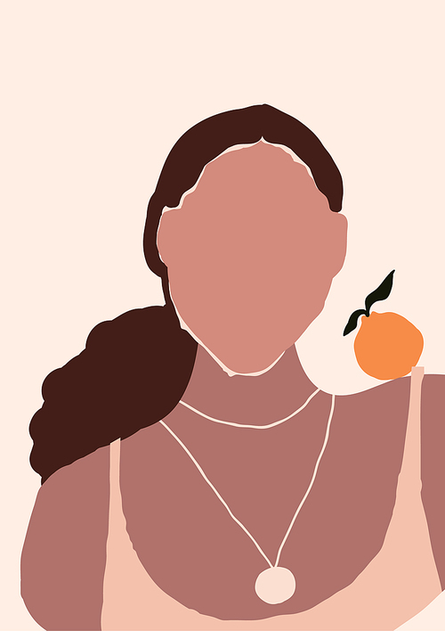 Abstract modern young woman with orange portrait silhouette. Fashion minimal trendy people face in paper cut mosaic flat style. Trendy art minimal poster print. Vector hand drawn illustration