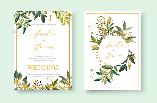 Wedding floral golden invitation card envelope save the date minimalism design with green tropical leaf herbs and gold splatters. Botanical elegant decorative vector template watercolor style