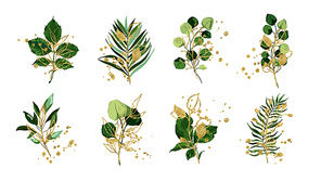 Gold green tropical leaves wedding bouquet with golden splatters isolated on white . Floral foliage vector illustration arrangement in watercolor style. Botanical art design