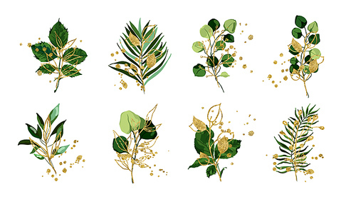 Gold green tropical leaves wedding bouquet with golden splatters isolated on white . Floral foliage vector illustration arrangement in watercolor style. Botanical art design