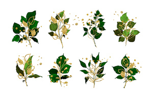 Gold leaves green tropical branch plants wedding bouquet with golden splatters isolated. Floral foliage vector illustration arrangement in watercolor style for wedding invitation card