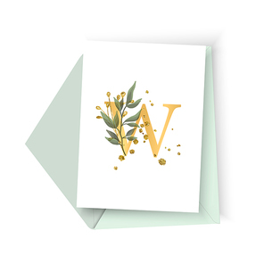 Wedding floral golden invitation card envelope save the date minimalism design with green tropical leaf herbs and gold splatters. Botanical elegant decorative vector template watercolor style