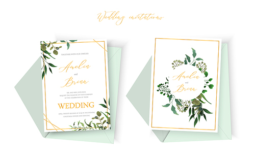 Wedding floral golden invitation card envelope save the date design with green tropical leaf herbs eucalyptus wreath and frame. Botanical elegant decorative vector template watercolor style