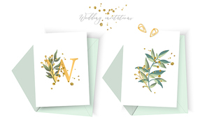 Wedding floral golden invitation card envelope save the date minimalism design with green tropical leaf herbs and gold splatters. Botanical elegant decorative vector template watercolor style