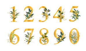Golden floral numbers with green leaves and gold splatters isolated on white . Vector illustration for wedding, greeting cards, invitations template design