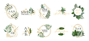 Set of floral wedding logos and monogram with elegant tropical exotic green leaves golden geometric triangular frame for invitation save the date card design. Botanical vector illustration