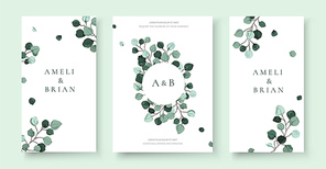 Wedding invitation card with silver dollar eucalyptus greenery leaves floral branches minimalist save the date design wreath and frame. Botanical mint green foliage plant rustic vector illustration