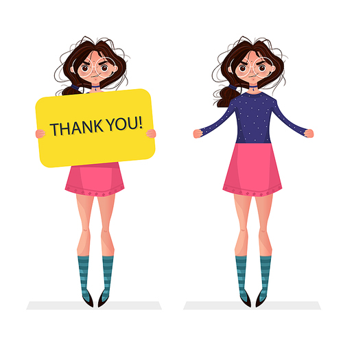 Cute brunette girl holding blank board banner thank you in hands isolated on white . Woman with glasses vector illustration in cartoon style