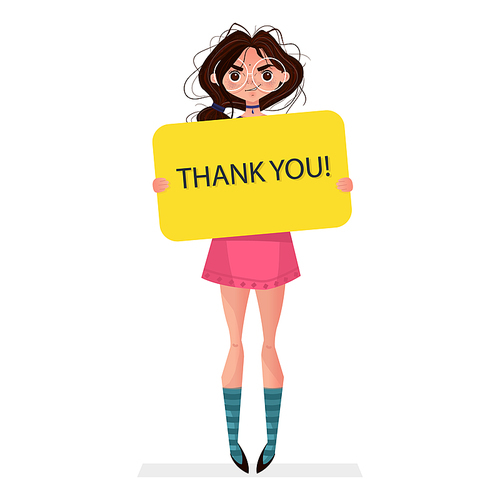 Cute brunette girl holding blank board banner thank you in hands isolated on white . Woman with glasses vector illustration in cartoon style