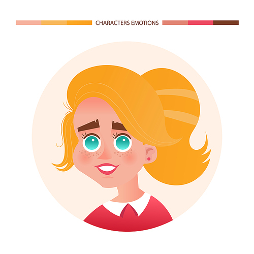 Character emotions avatar joy girl with red hair. Emoji with woman facial expressions. Vector illustration in cartoon style