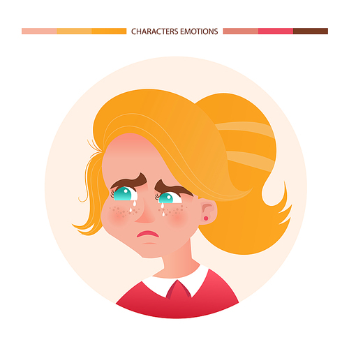 Character emotions avatar crying girl with red hair. Emoji with woman facial expressions. Vector illustration in cartoon style