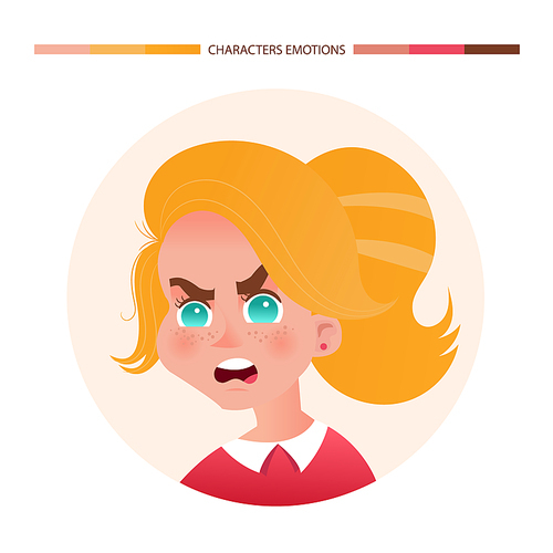Character emotions avatar angry girl with red hair. Emoji with woman facial expressions. Vector illustration in cartoon style