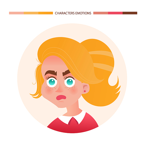 Character emotions avatar surprise girl with red hair. Emoji with woman facial expressions. Vector illustration in cartoon style