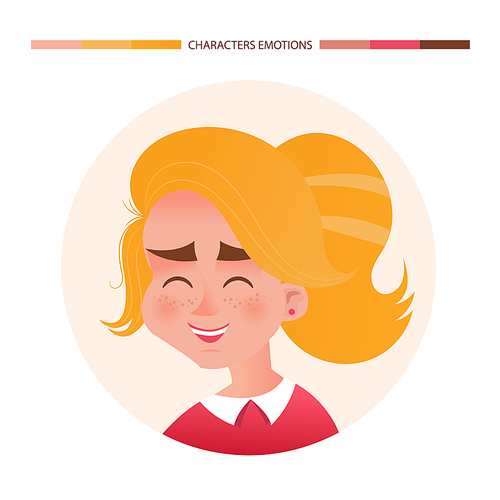 Character emotions avatar laughing girl with red hair. Emoji with woman facial expressions. Vector illustration in cartoon style