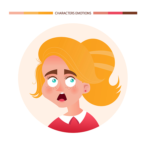 Character emotions avatar scared girl with red hair. Emoji with woman facial expressions. Vector illustration in cartoon style