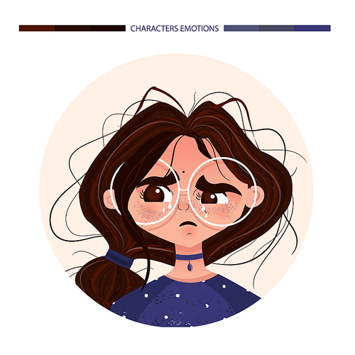 Character emotions avatar cute crying girl brunette in glasses. Emoji with woman facial expressions. Vector illustration in cartoon style