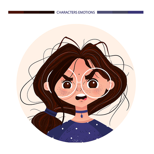 Character emotions avatar angry girl brunette in glasses. Emoji with woman facial expressions. Vector illustration in cartoon style