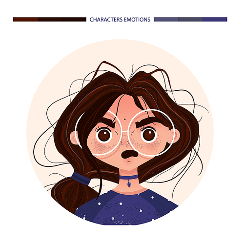 Character emotions avatar surprise girl brunette in glasses. Emoji with woman facial expressions. Vector illustration in cartoon style