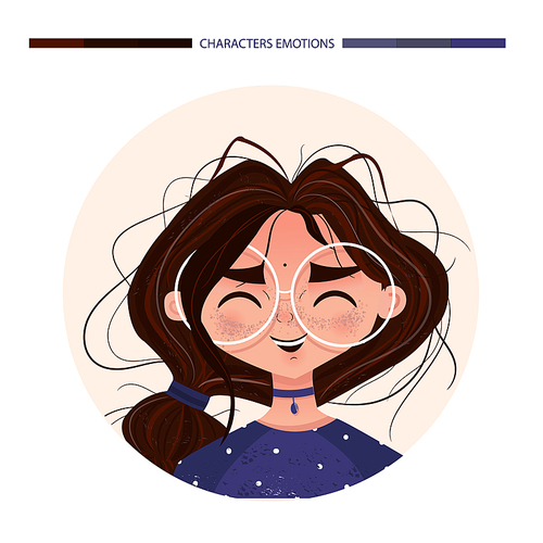 Character emotions avatar laughing girl brunette in glasses. Emoji with woman facial expressions. Vector illustration in cartoon style