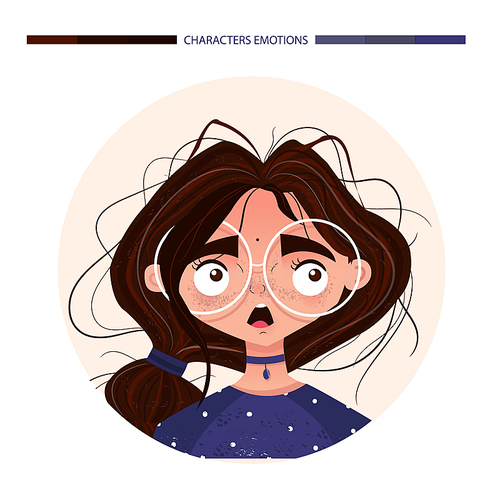 Character emotions avatar scared girl brunette in glasses. Emoji with woman facial expressions. Vector illustration in cartoon style
