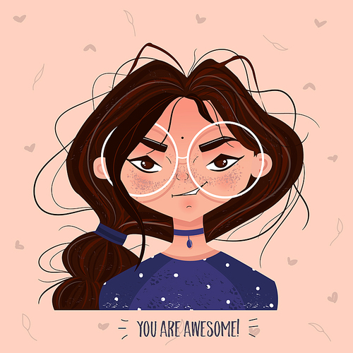 Character cute girl brunette in glasses card you are awesome. Emoji with woman facial expressions. Vector illustration in cartoon style
