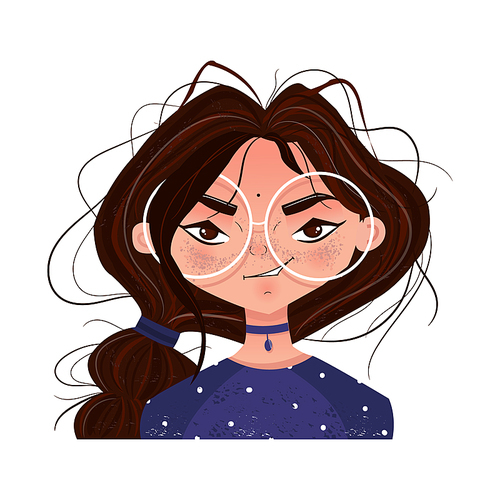 Character emotions avatar cute girl brunette in glasses. Emoji with woman facial expressions. Vector illustration in cartoon style