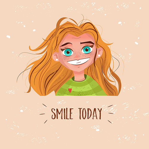 Character cute girl with red hair card smile today. Emoji with woman facial expressions. Vector illustration in cartoon style
