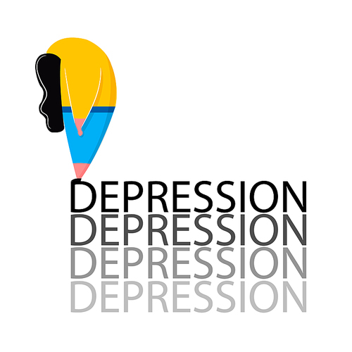 Depressed girl in pose standing on word depression. Mental health problems and treatment of psychological help for sad woman. Vector illustration in cartoon style