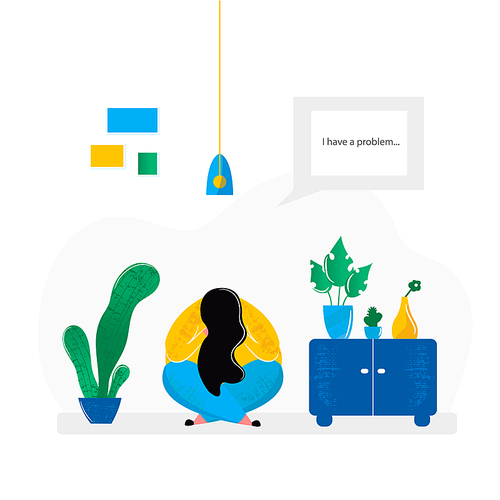 Depressed girl sitting on floor in room at home. Mental health problems of sad woman and treatment of depression psychological help. Vector illustration in flat cartoon style