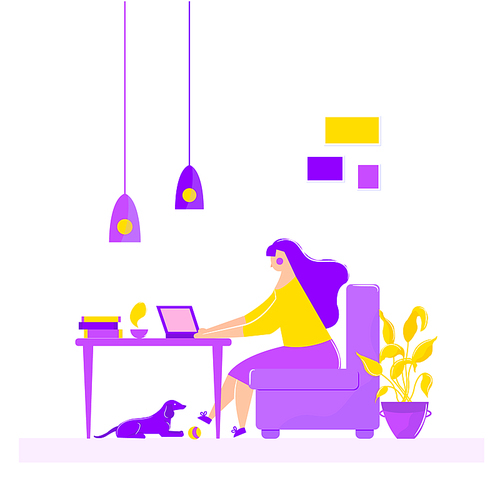 Girl sitting in armchair working on laptop at table freelance work at home. Vector illustration in cartoon style