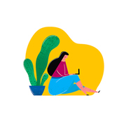 Girl working online on laptop freelance business work at home sitting near flower pot. Vector illustration in cartoon style