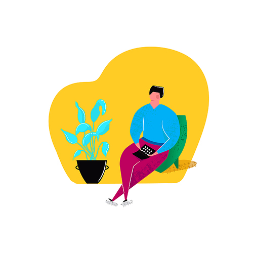Man working online on laptop freelance business work at home sitting in armchair near flower pot. Vector illustration in cartoon style