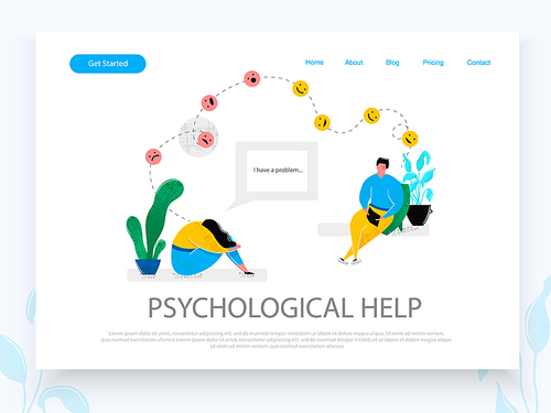 Psychologist consulting patient depressed girl sitting in sad pose. Mental health problems psychology help for people with depression stress concept. Landing page design template