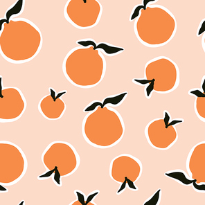Seamless pattern with tropical fruits oranges tangerines stickers paper cut mosaic style. Botany spring summer vegan food. Vector illustration in hand drawn cartoon flat style