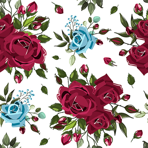 Seamless floral pattern with bordo burgundy navy blue rose flowers bouquets and green leaves on white background. Maroon floral branch, arrangements for textile, fabric. Vector illustration