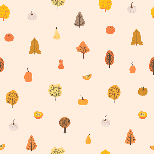 Autumn mood seamless pattern with tiny trees, pumpkins. Welcome fall season thanksgiving background. Minimalist nature pattern for fabric textile, packaging. Vector illustration in flat cartoon style