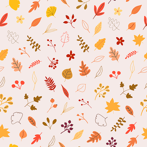 Autumn mood seamless pattern with yellow, orange leaves, berries. Welcome fall season thanksgiving background. Minimalist nature for fabric textile, packaging. Vector illustration flat cartoon style