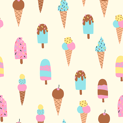 Seamless pattern with different types of ice creams, cone, sundae on stick with fruits. Cozy hygge scandinavian template for fabric, kids t shirt design. Vector illustration in flat cartoon style