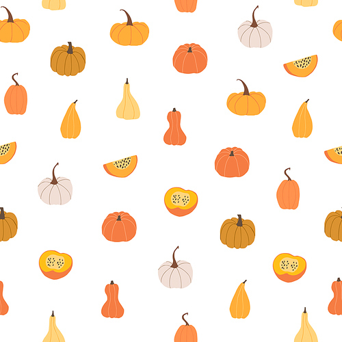 Autumn mood seamless pattern with cute pumpkins. Welcome fall season thanksgiving background. Minimalist nature pattern for fabric textile, packaging. Vector illustration in flat cartoon style