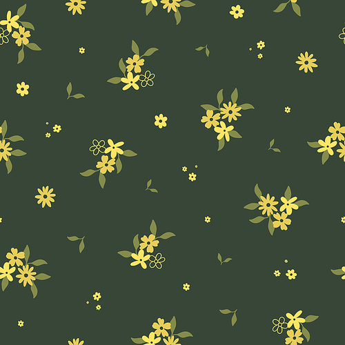 Seamless pattern with cute hand drawn yellow flowers and leaves. Cozy hygge scandinavian style template for fabric, packaging, kids t shirt design. Vector illustration in flat cartoon style