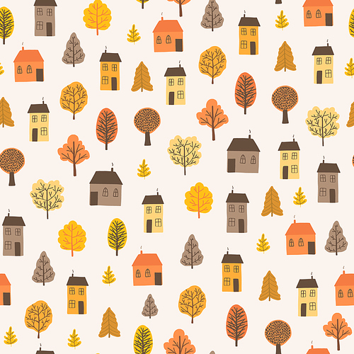 Autumn mood seamless pattern with tiny trees, cute houses. Welcome fall season thanksgiving background. Minimalist nature pattern for fabric textile, packaging. Vector illustration flat cartoon style