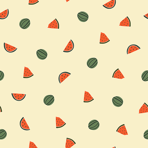 Seamless pattern with cute hand drawn watermelon. Cozy hygge scandinavian style template for fabric, packaging, kids t shirt design. Vector illustration in flat cartoon style