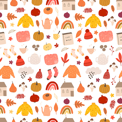 Autumn mood seamless pattern with cozy pleasures, sweaters, socks, books, pumpkins. Welcome fall season thanksgiving background for fabric textile, packaging. Vector illustration in flat cartoon style
